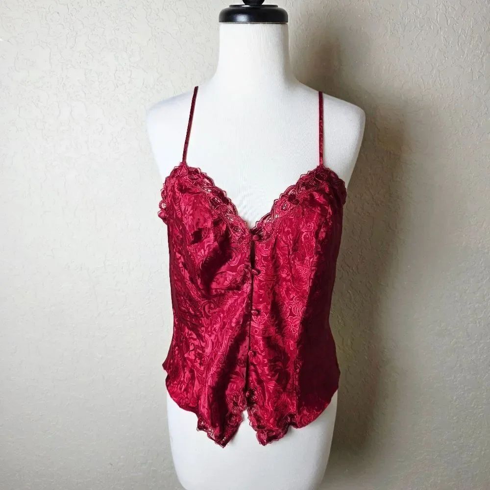 Victoria's Secret Vtg 90's Gold Label Jacquard Paisley Lace Cami Top Red Size M